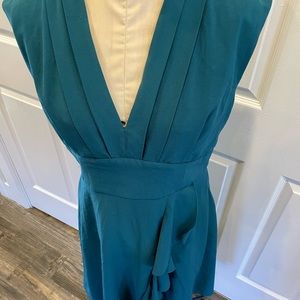 ModCloth Plunge V-Neck Pleated Ruffle Front Sleeveless Midi Dress Teal Sz Large
